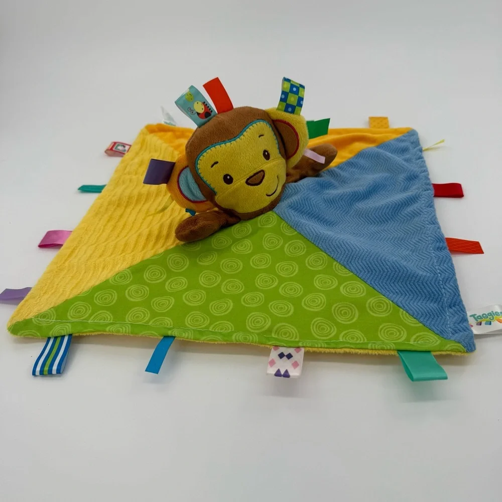 Taggies Patchkin Security Blanket Sensory Plush Multicolor Brown Monkey Toy‎